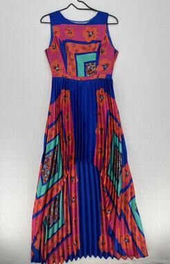 Gracia Floral Pleated High Low Midi Dress Blue Pink Sleeveless Mesh Back Small